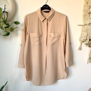 Dorothry Perkins Beige Collar ¾ Length Sleeve Blouse Corpcore Siren Minimalist